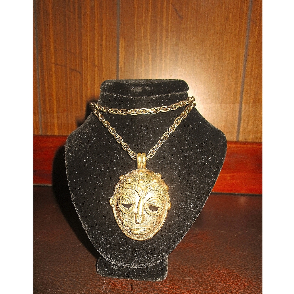 Vintage Antique Tribal 3D Face Pendant Necklace
